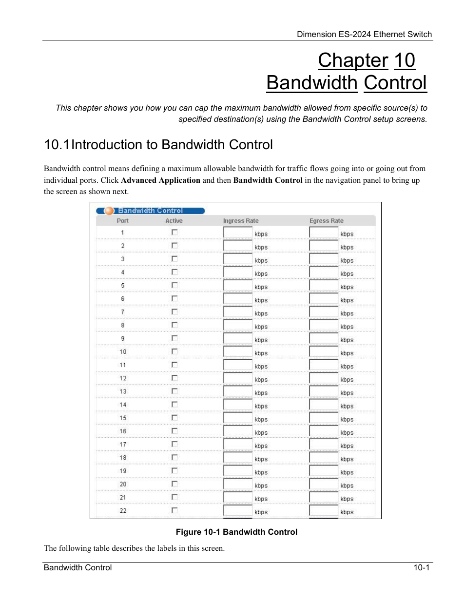 Bandwidth control, Introduction to bandwidth control, Chapter 10 bandwidth control | 1 introduction to bandwidth control | ZyXEL Communications ZyXEL Dimension ES-2024 User Manual | Page 89 / 195