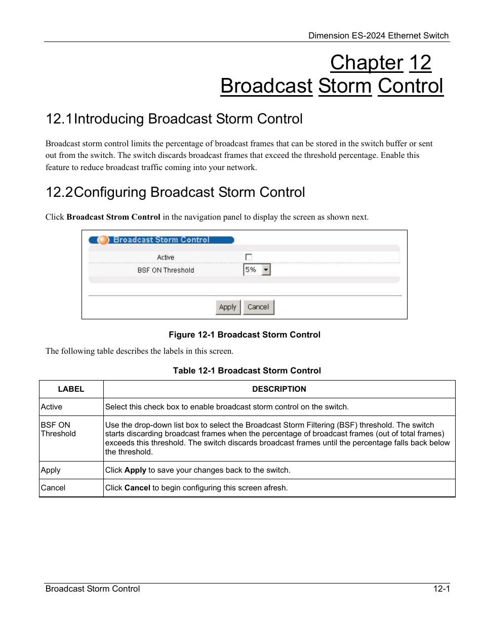 Broadcast storm control, Introducing broadcast storm control, Configuring broadcast storm control | Chapter 12 broadcast storm control, 1 introducing broadcast storm control, 2 configuring broadcast storm control | ZyXEL Communications ZyXEL Dimension ES-2024 User Manual | Page 93 / 195