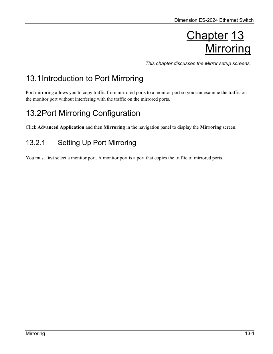Mirroring, Introduction to port mirroring, Port mirroring configuration | Chapter 13 mirroring, 1 introduction to port mirroring, 2 port mirroring configuration | ZyXEL Communications ZyXEL Dimension ES-2024 User Manual | Page 95 / 195