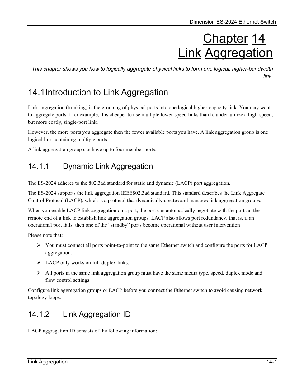 Link aggregation, Introduction to link aggregation, Chapter 14 link aggregation | 1 introduction to link aggregation, 1 dynamic link aggregation, 2 link aggregation id | ZyXEL Communications ZyXEL Dimension ES-2024 User Manual | Page 99 / 195