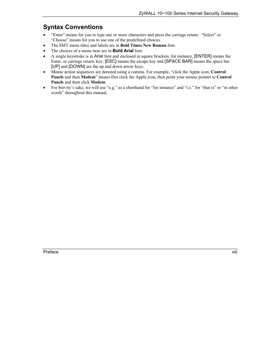 Syntax conventions | ZyXEL Communications Internet Security Gateway 10~100 Series User Manual | Page 13 / 96