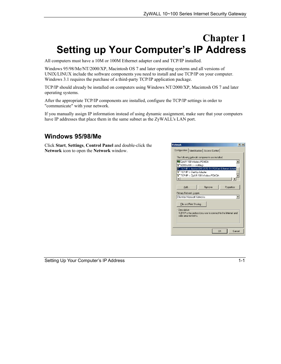 Setting up your computer’s ip address, Chapter 1 setting up your computer’s ip address | ZyXEL Communications Internet Security Gateway 10~100 Series User Manual | Page 17 / 96