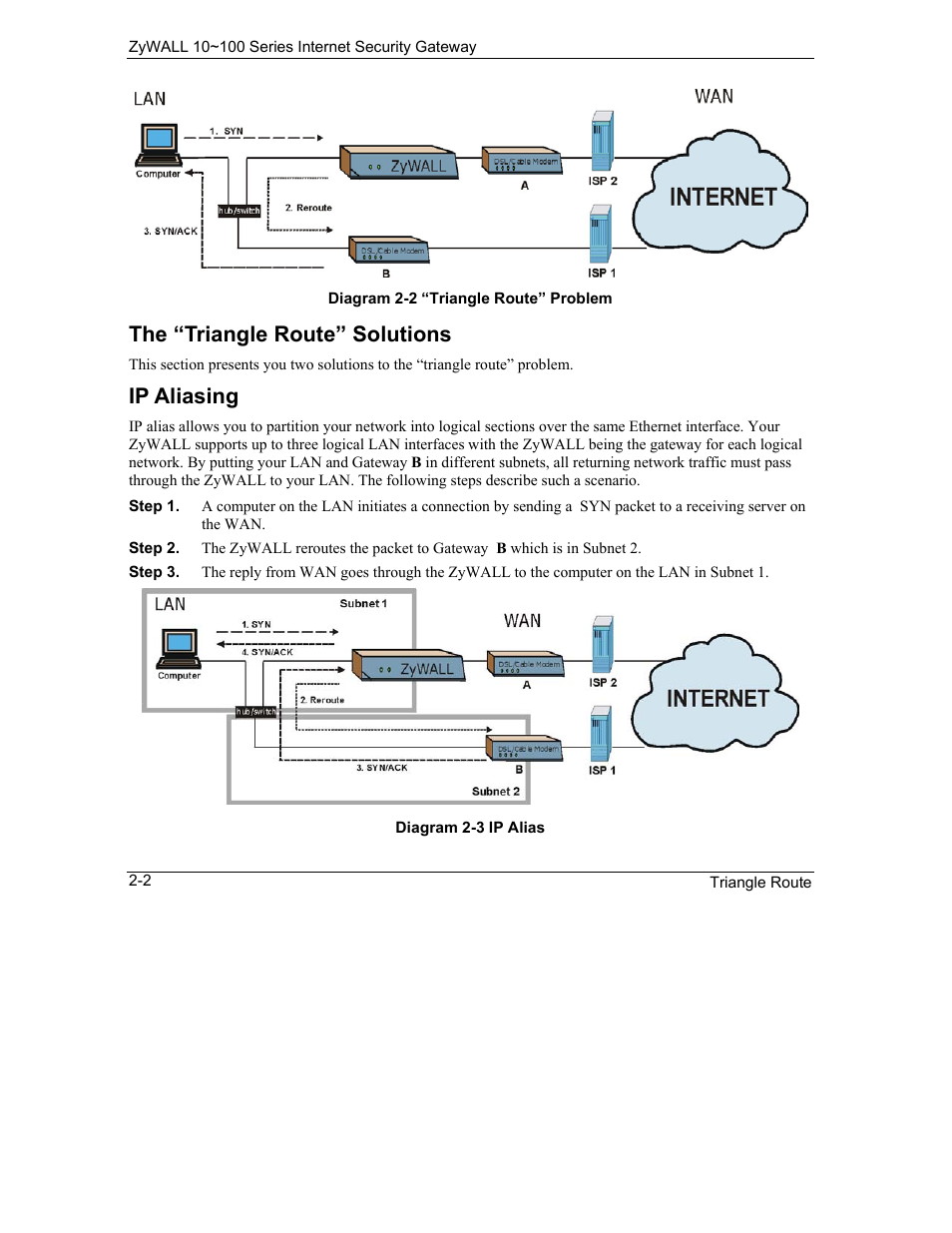 The “triangle route” solutions, Ip aliasing | ZyXEL Communications Internet Security Gateway 10~100 Series User Manual | Page 30 / 96