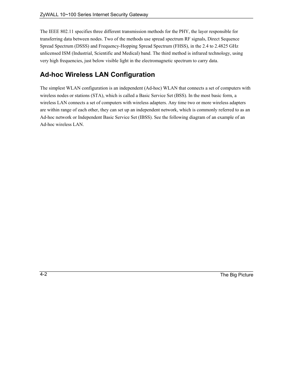 Ad-hoc wireless lan configuration | ZyXEL Communications Internet Security Gateway 10~100 Series User Manual | Page 36 / 96