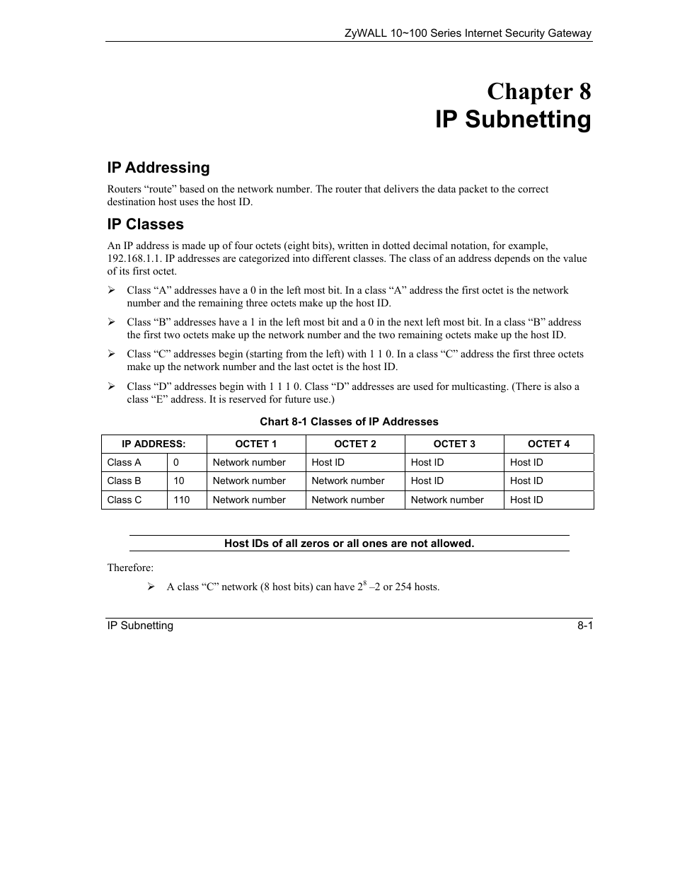 Ip subnetting, Chapter 8 ip subnetting, Ip addressing | Ip classes | ZyXEL Communications Internet Security Gateway 10~100 Series User Manual | Page 47 / 96