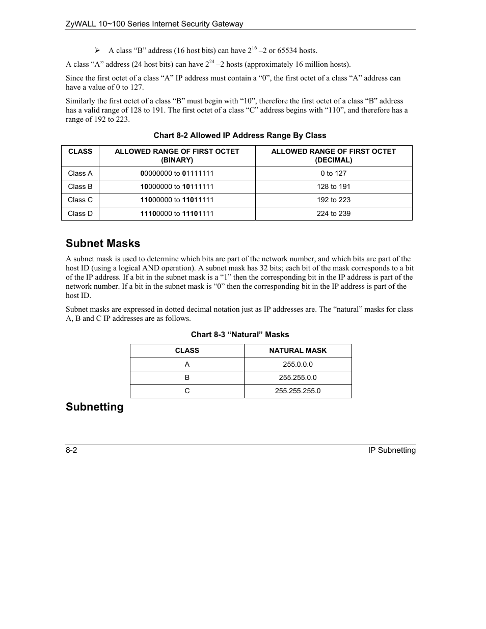 Subnet masks, Subnetting | ZyXEL Communications Internet Security Gateway 10~100 Series User Manual | Page 48 / 96