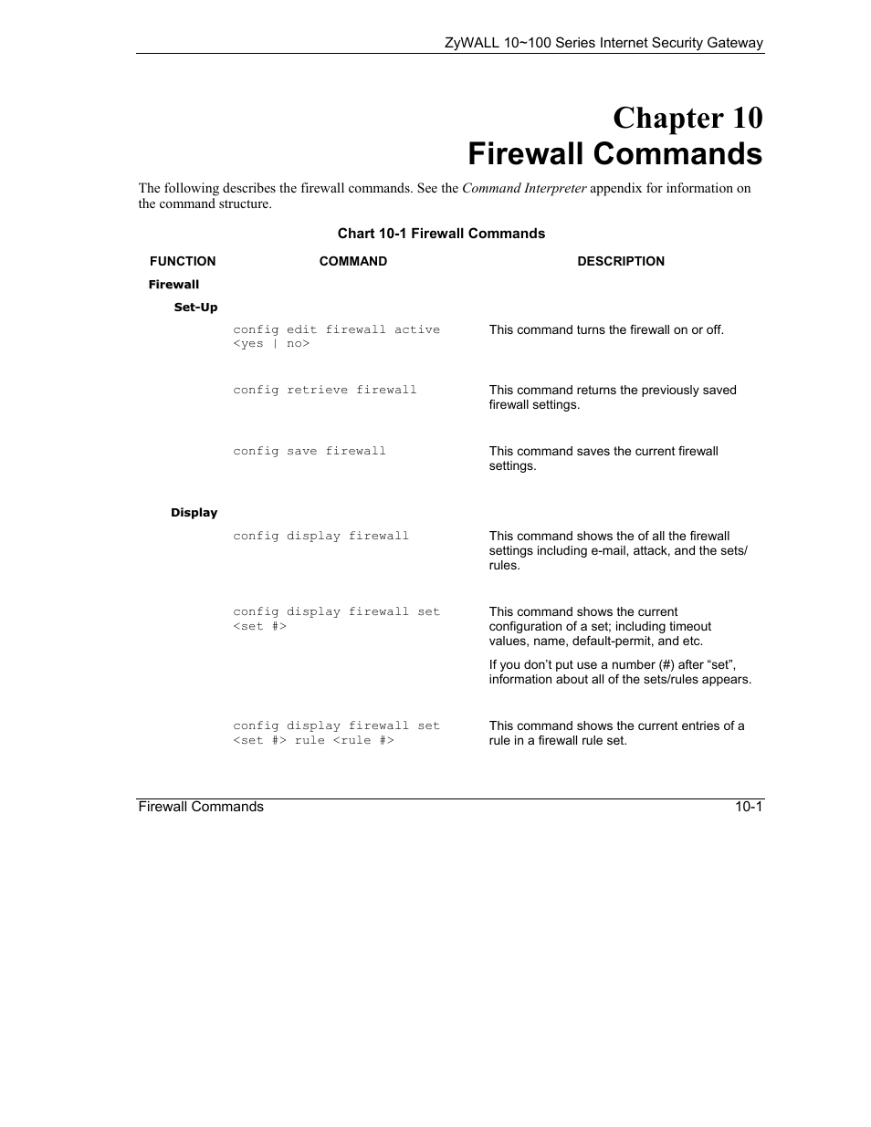 Firewall commands, Chapter 10 firewall commands | ZyXEL Communications Internet Security Gateway 10~100 Series User Manual | Page 59 / 96