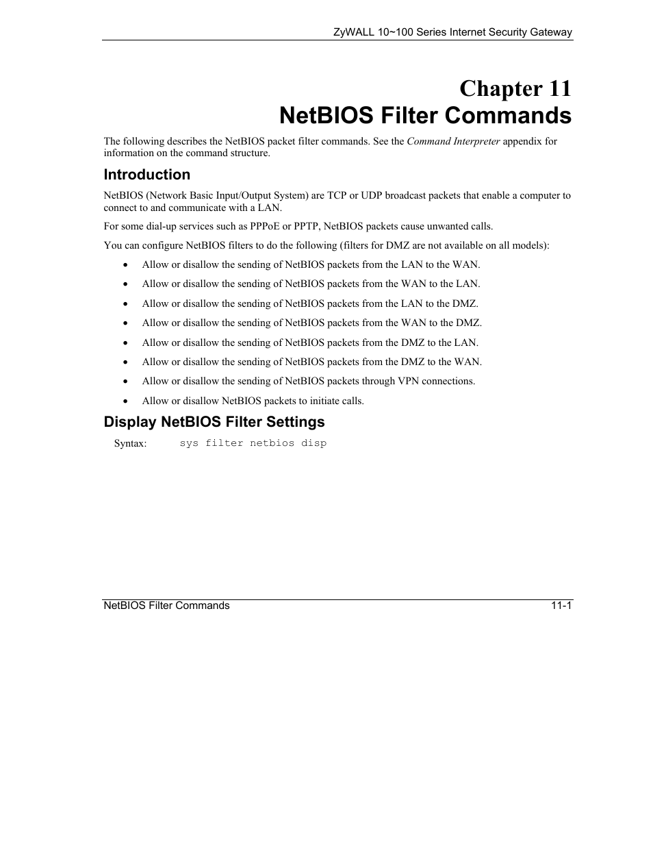 Netbios filter commands, Chapter 11 netbios filter commands | ZyXEL Communications Internet Security Gateway 10~100 Series User Manual | Page 67 / 96