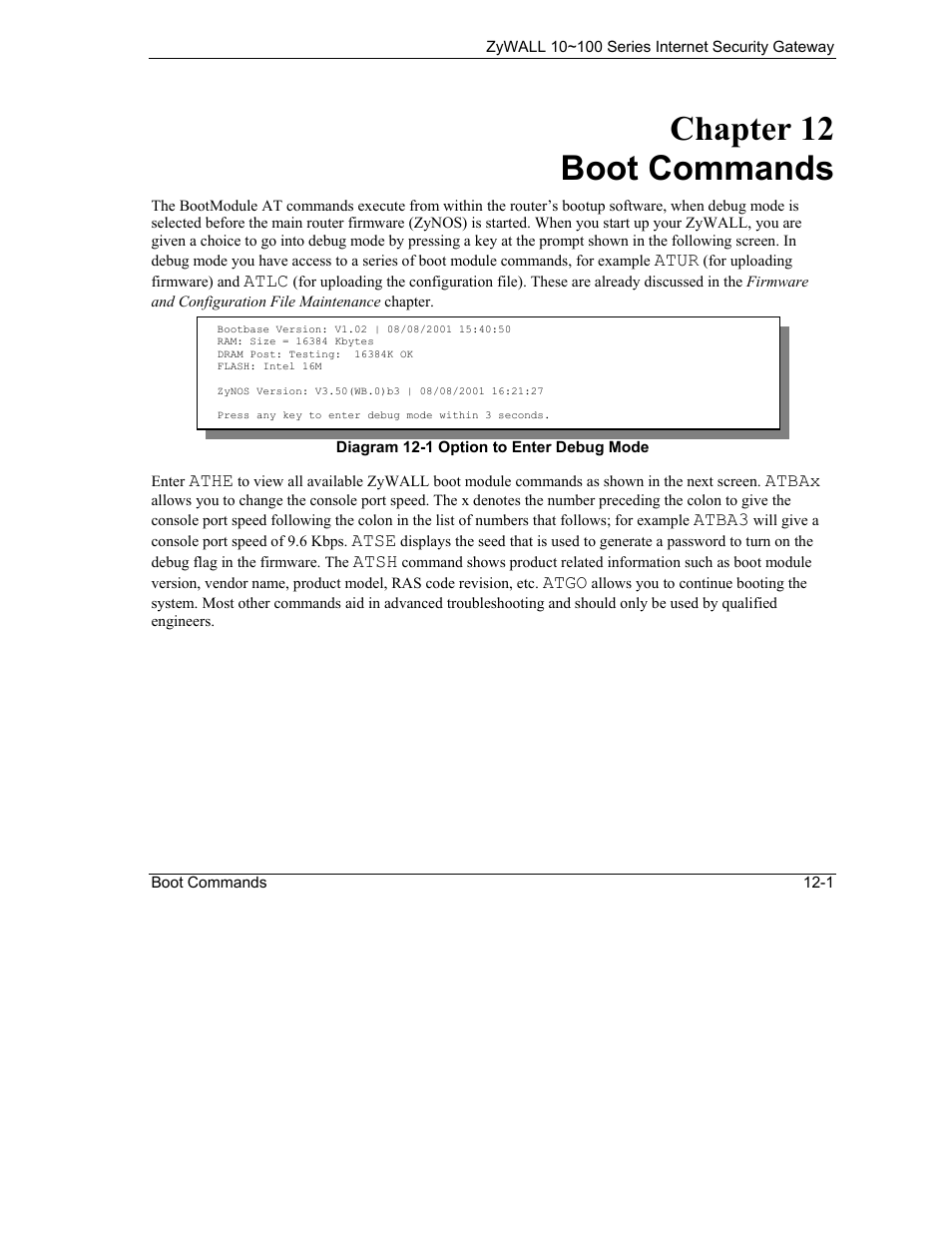 Boot commands, Chapter 12 boot commands | ZyXEL Communications Internet Security Gateway 10~100 Series User Manual | Page 71 / 96
