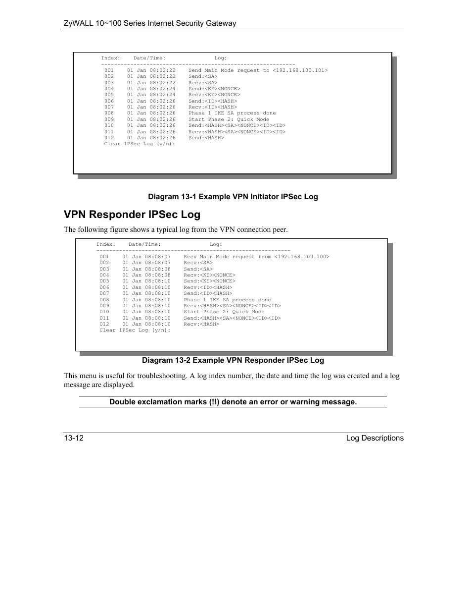Vpn responder ipsec log | ZyXEL Communications Internet Security Gateway 10~100 Series User Manual | Page 84 / 96