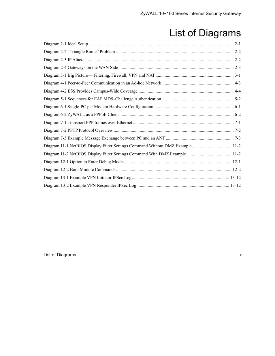 List of diagrams | ZyXEL Communications Internet Security Gateway 10~100 Series User Manual | Page 9 / 96