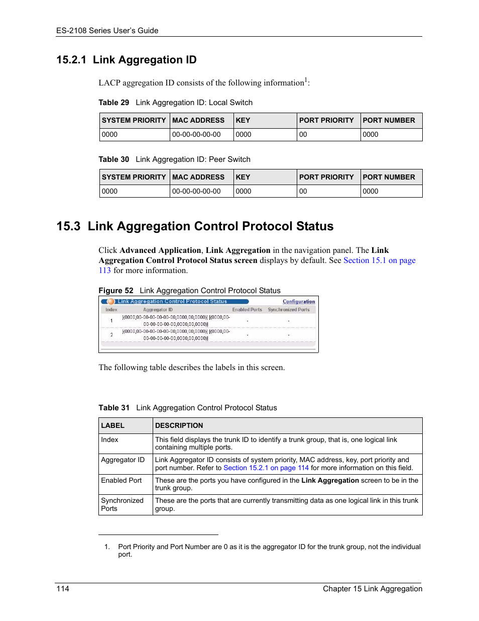 1 link aggregation id, 3 link aggregation control protocol status, Figure 52 link aggregation control protocol status | ZyXEL Communications ZyXEL Dimension ES-2108 User Manual | Page 114 / 277