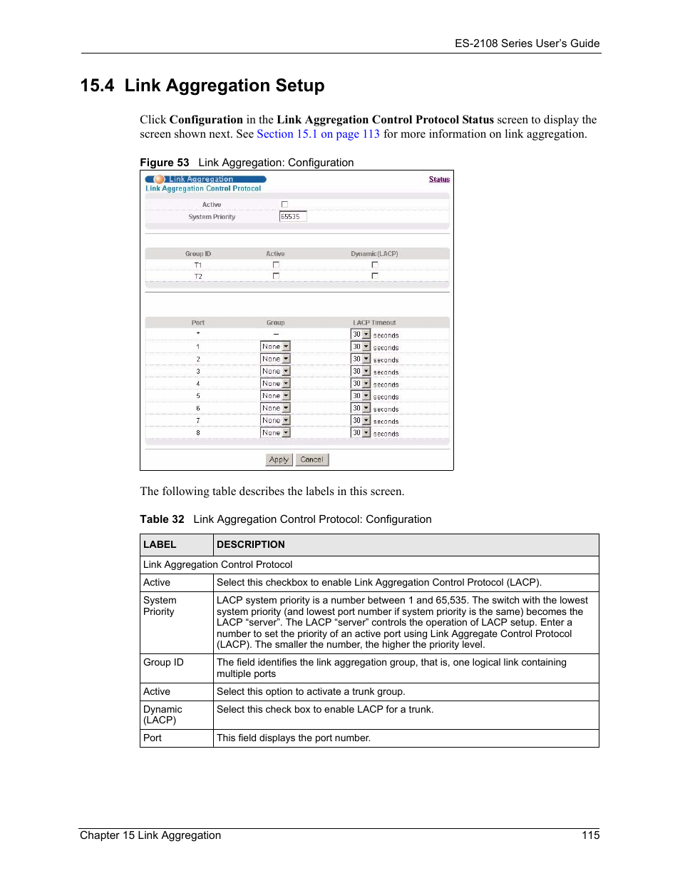 4 link aggregation setup, Figure 53 link aggregation: configuration | ZyXEL Communications ZyXEL Dimension ES-2108 User Manual | Page 115 / 277
