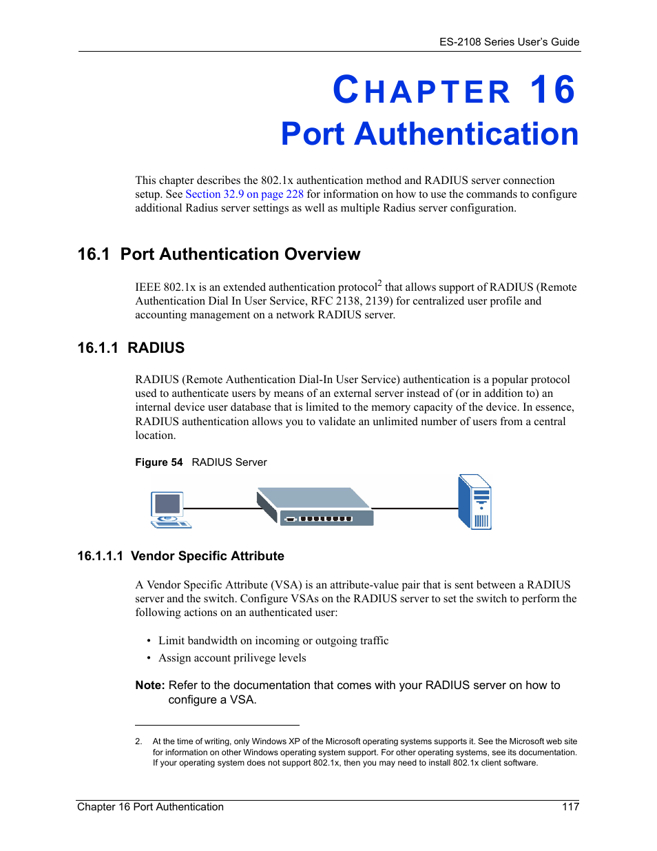 Port authentication, 1 port authentication overview, 1 radius | 1 vendor specific attribute, Chapter 16 port authentication, Figure 54 radius server | ZyXEL Communications ZyXEL Dimension ES-2108 User Manual | Page 117 / 277