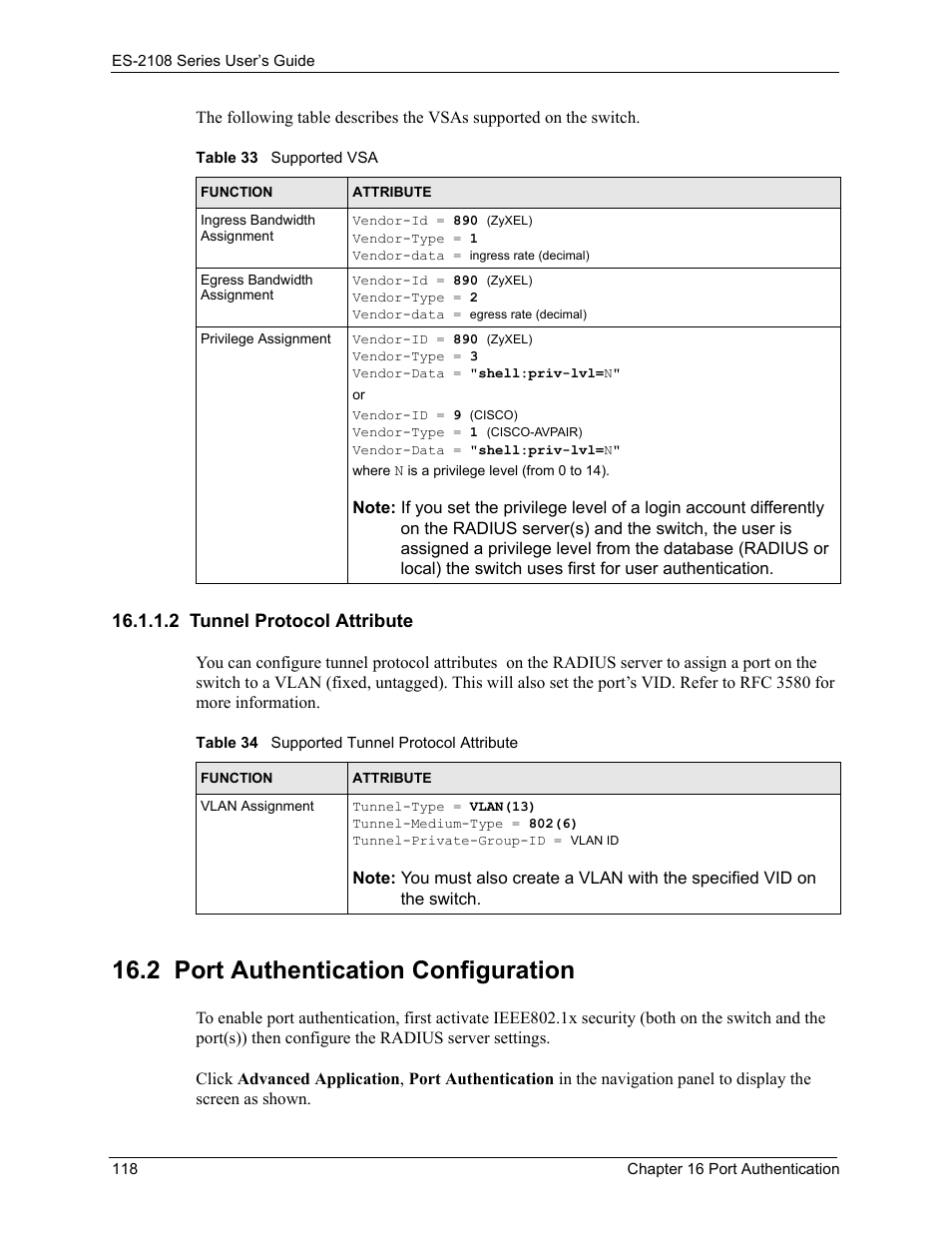 2 tunnel protocol attribute, 2 port authentication configuration | ZyXEL Communications ZyXEL Dimension ES-2108 User Manual | Page 118 / 277