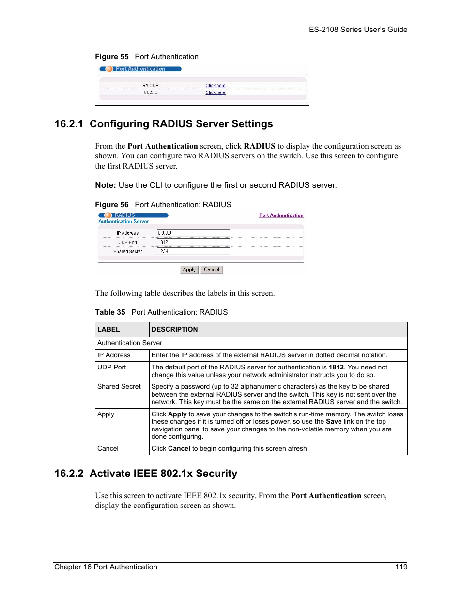 1 configuring radius server settings, 2 activate ieee 802.1x security, Table 35 port authentication: radius | ZyXEL Communications ZyXEL Dimension ES-2108 User Manual | Page 119 / 277