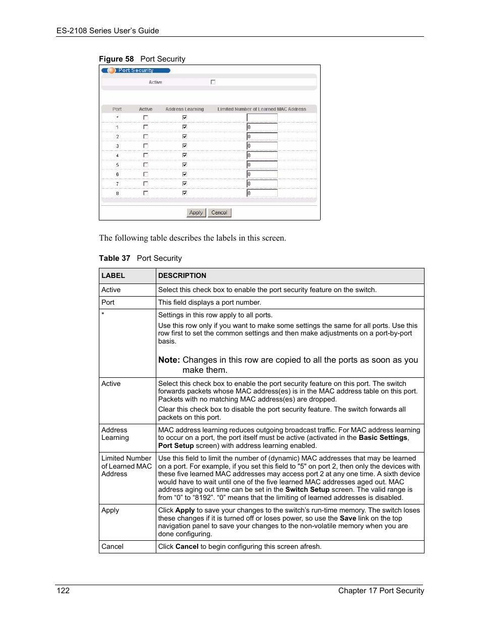Figure 58 port security, Table 37 port security | ZyXEL Communications ZyXEL Dimension ES-2108 User Manual | Page 122 / 277