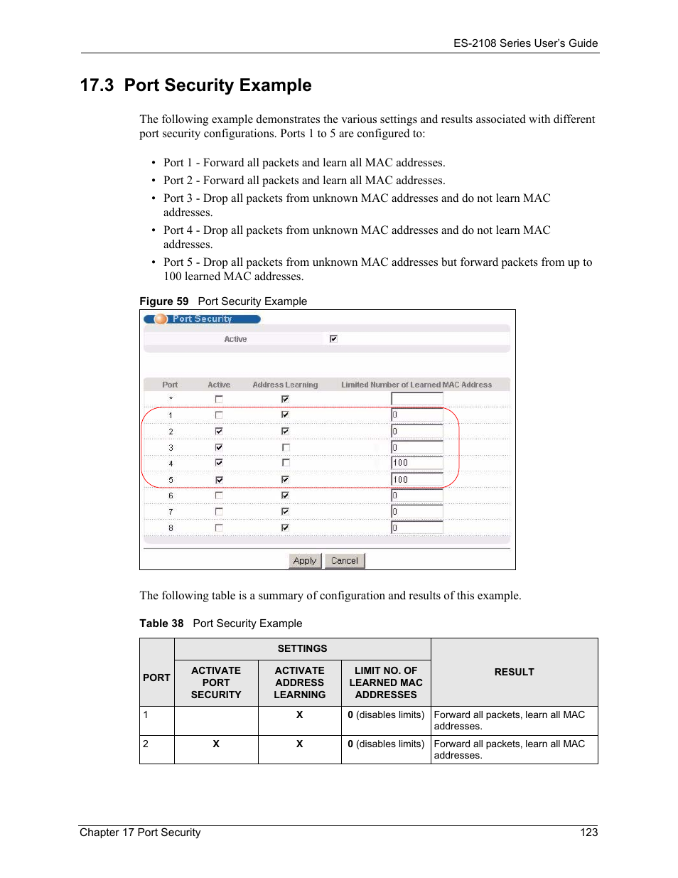 3 port security example, Figure 59 port security example, Table 38 port security example | For support | ZyXEL Communications ZyXEL Dimension ES-2108 User Manual | Page 123 / 277