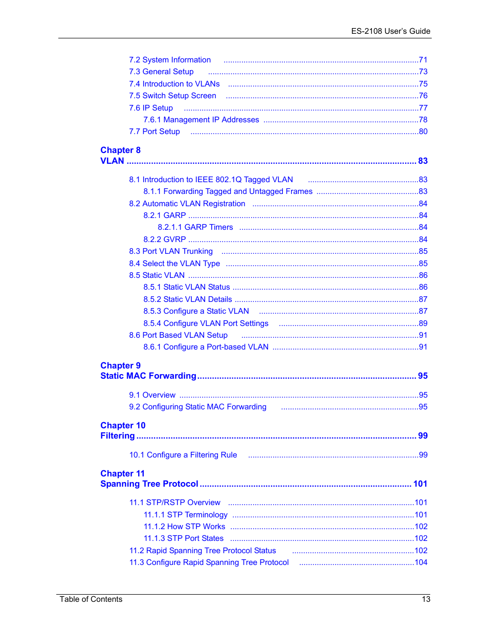 ZyXEL Communications ZyXEL Dimension ES-2108 User Manual | Page 13 / 277