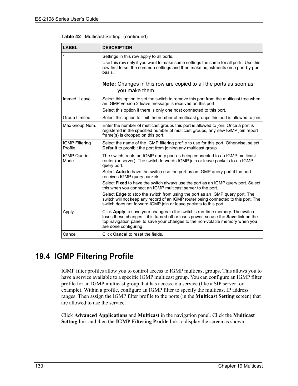 4 igmp filtering profile | ZyXEL Communications ZyXEL Dimension ES-2108 User Manual | Page 130 / 277