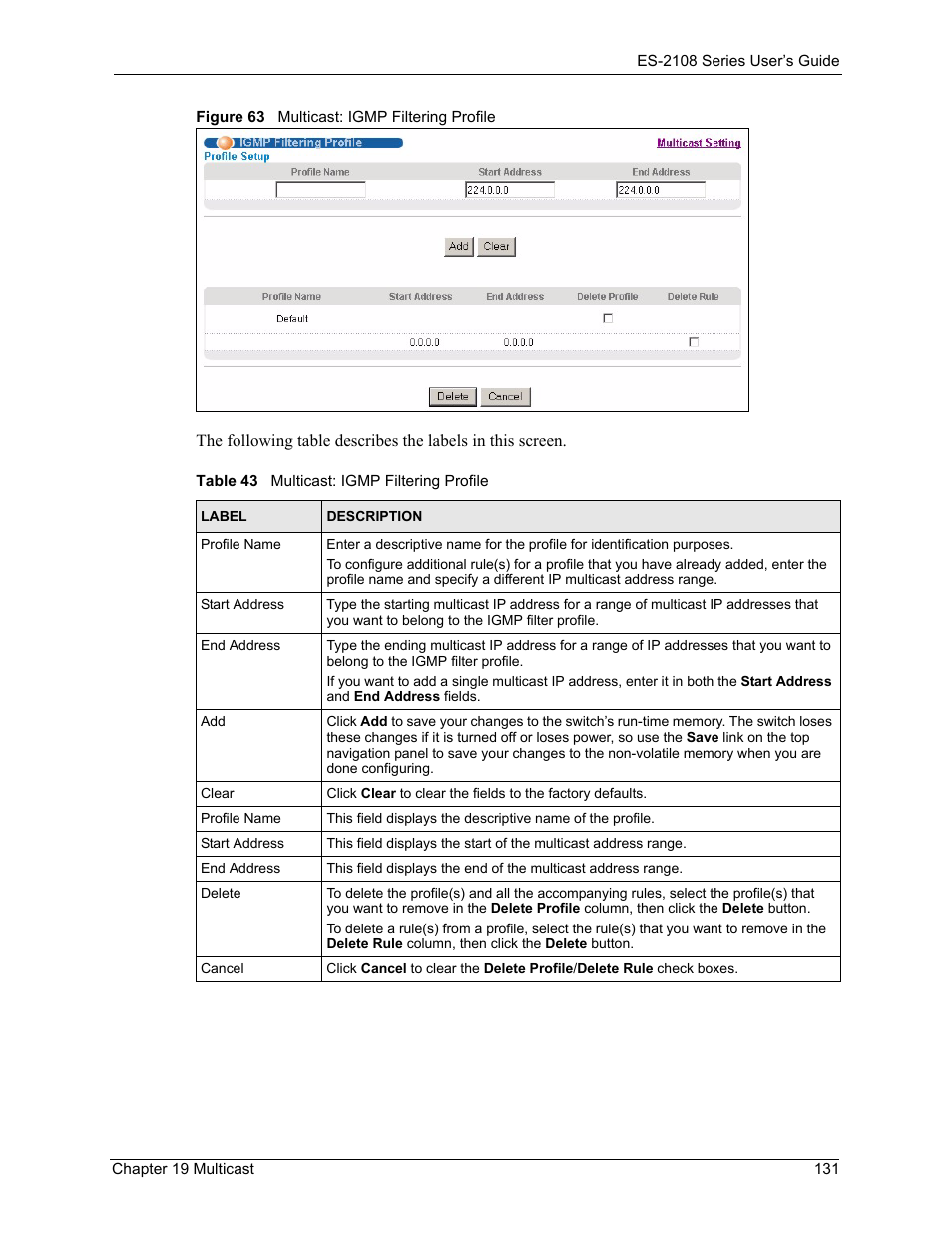 Figure 63 multicast: igmp filtering profile, Table 43 multicast: igmp filtering profile | ZyXEL Communications ZyXEL Dimension ES-2108 User Manual | Page 131 / 277