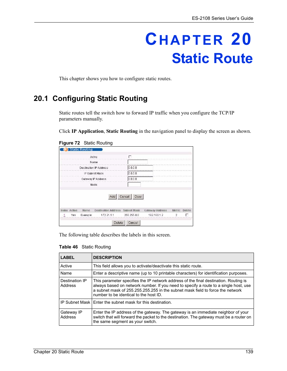 Static route, 1 configuring static routing, Chapter 20 static route | Figure 72 static routing, Table 46 static routing | ZyXEL Communications ZyXEL Dimension ES-2108 User Manual | Page 139 / 277
