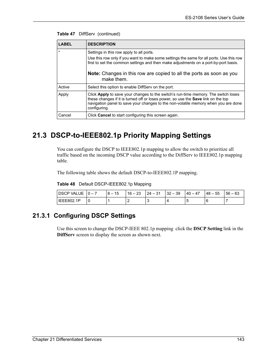 3 dscp-to-ieee802.1p priority mapping settings, 1 configuring dscp settings, Table 48 default dscp-ieee802.1p mapping | ZyXEL Communications ZyXEL Dimension ES-2108 User Manual | Page 143 / 277