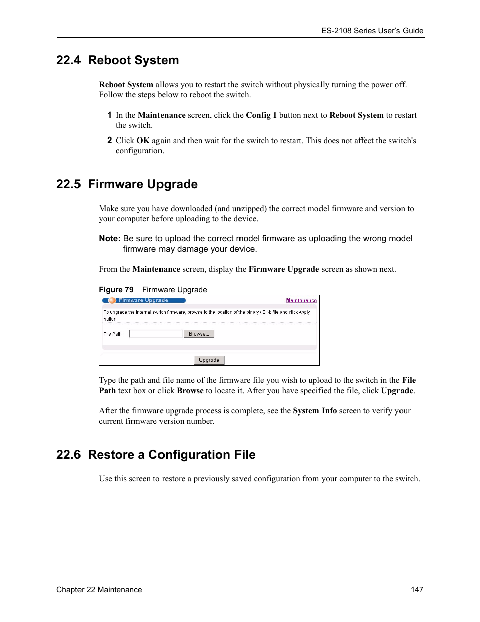 4 reboot system, 5 firmware upgrade, 6 restore a configuration file | Figure 79 firmware upgrade | ZyXEL Communications ZyXEL Dimension ES-2108 User Manual | Page 147 / 277