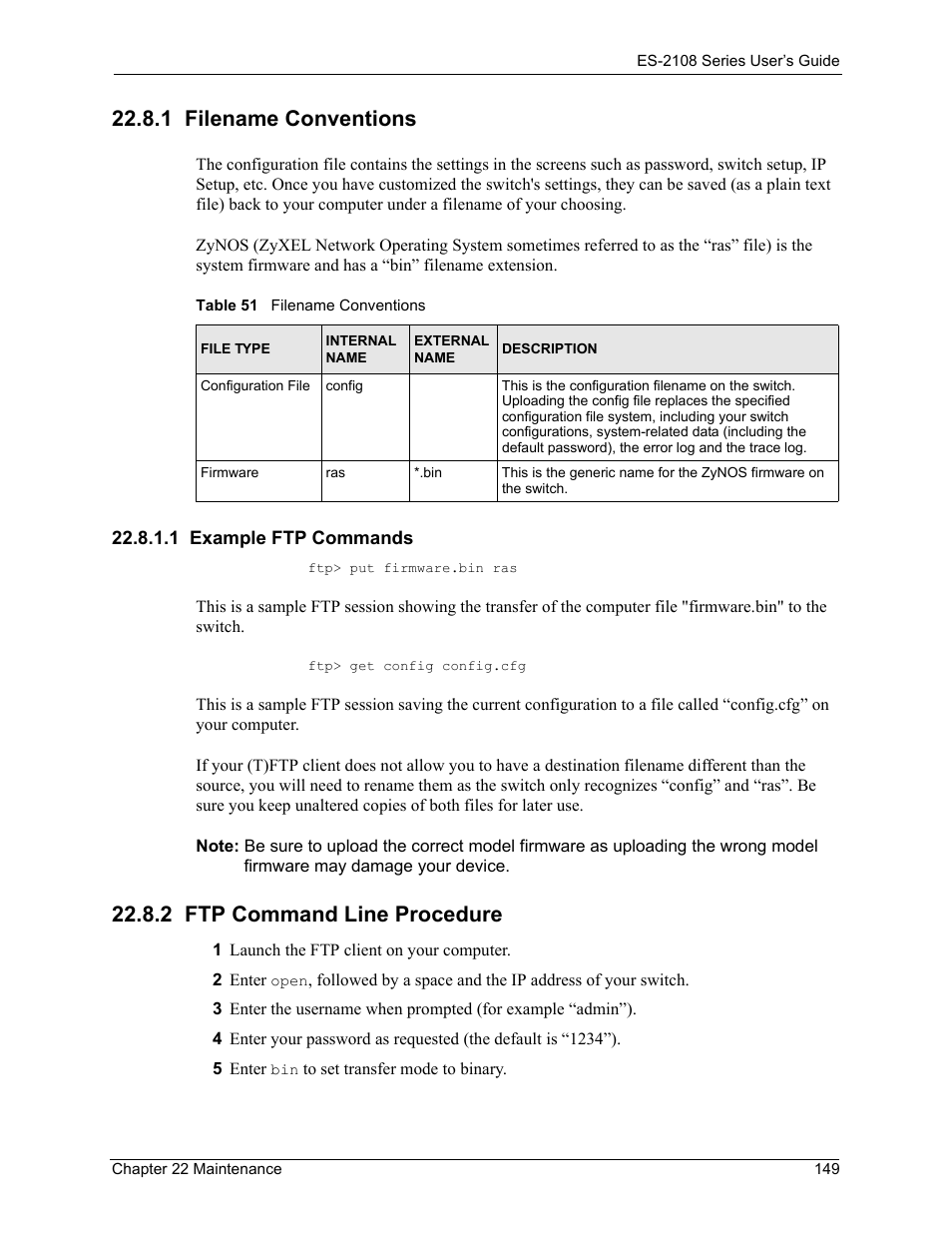 1 filename conventions, 1 example ftp commands, 2 ftp command line procedure | Table 51 filename conventions | ZyXEL Communications ZyXEL Dimension ES-2108 User Manual | Page 149 / 277