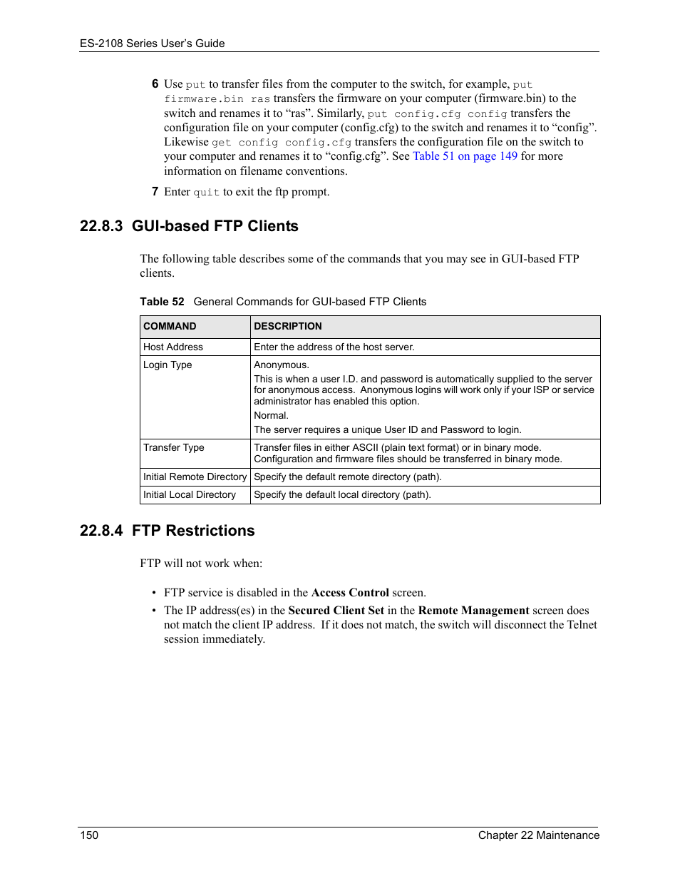 3 gui-based ftp clients, 4 ftp restrictions, 3 gui-based ftp clients 22.8.4 ftp restrictions | ZyXEL Communications ZyXEL Dimension ES-2108 User Manual | Page 150 / 277