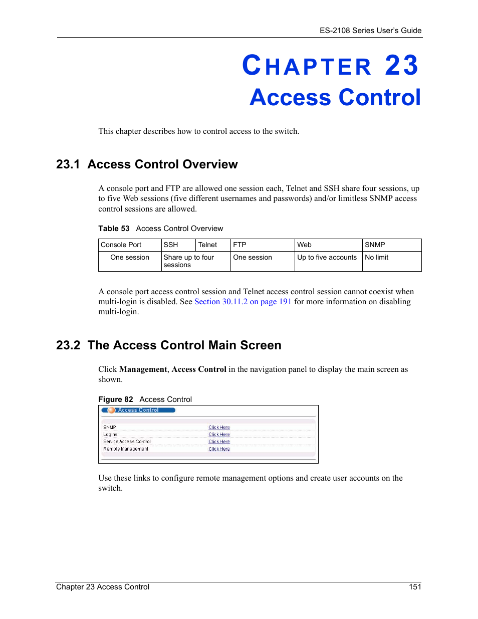 Access control, 1 access control overview, 2 the access control main screen | Chapter 23 access control, Figure 82 access control, Table 53 access control overview | ZyXEL Communications ZyXEL Dimension ES-2108 User Manual | Page 151 / 277