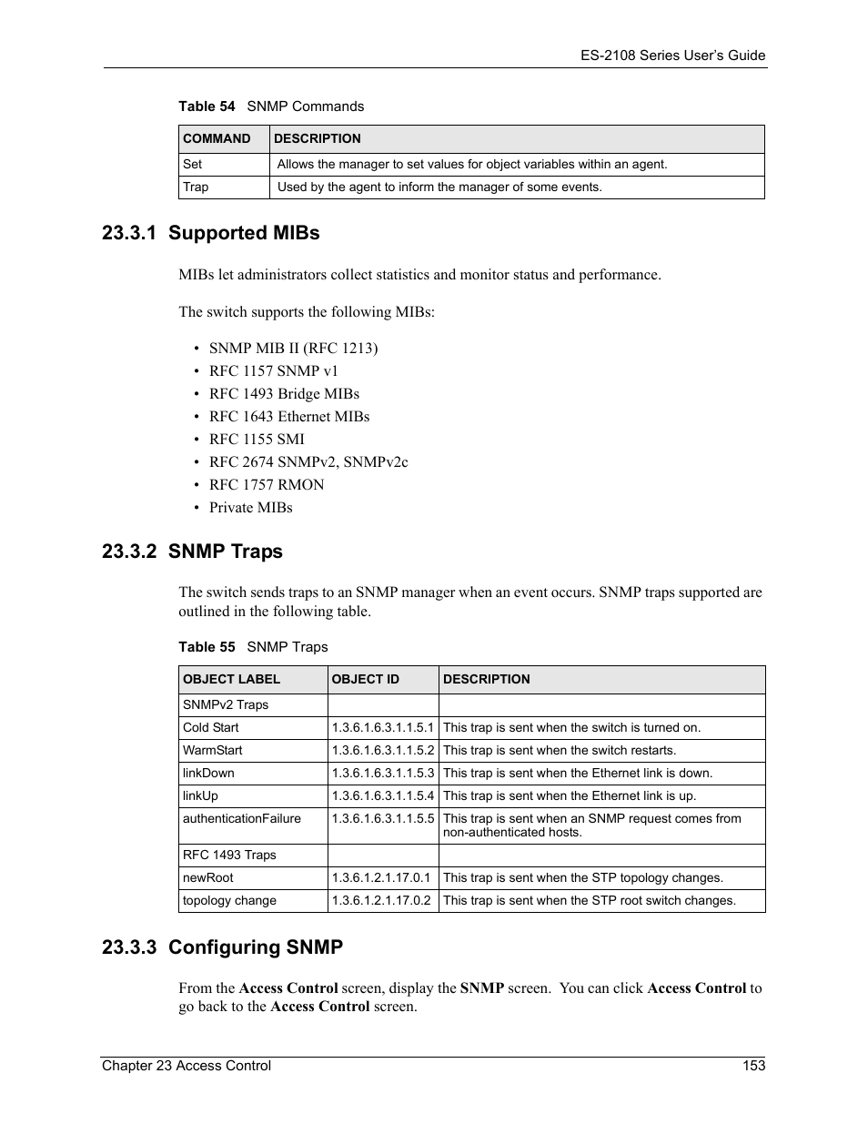 1 supported mibs, 2 snmp traps, 3 configuring snmp | Table 55 snmp traps | ZyXEL Communications ZyXEL Dimension ES-2108 User Manual | Page 153 / 277