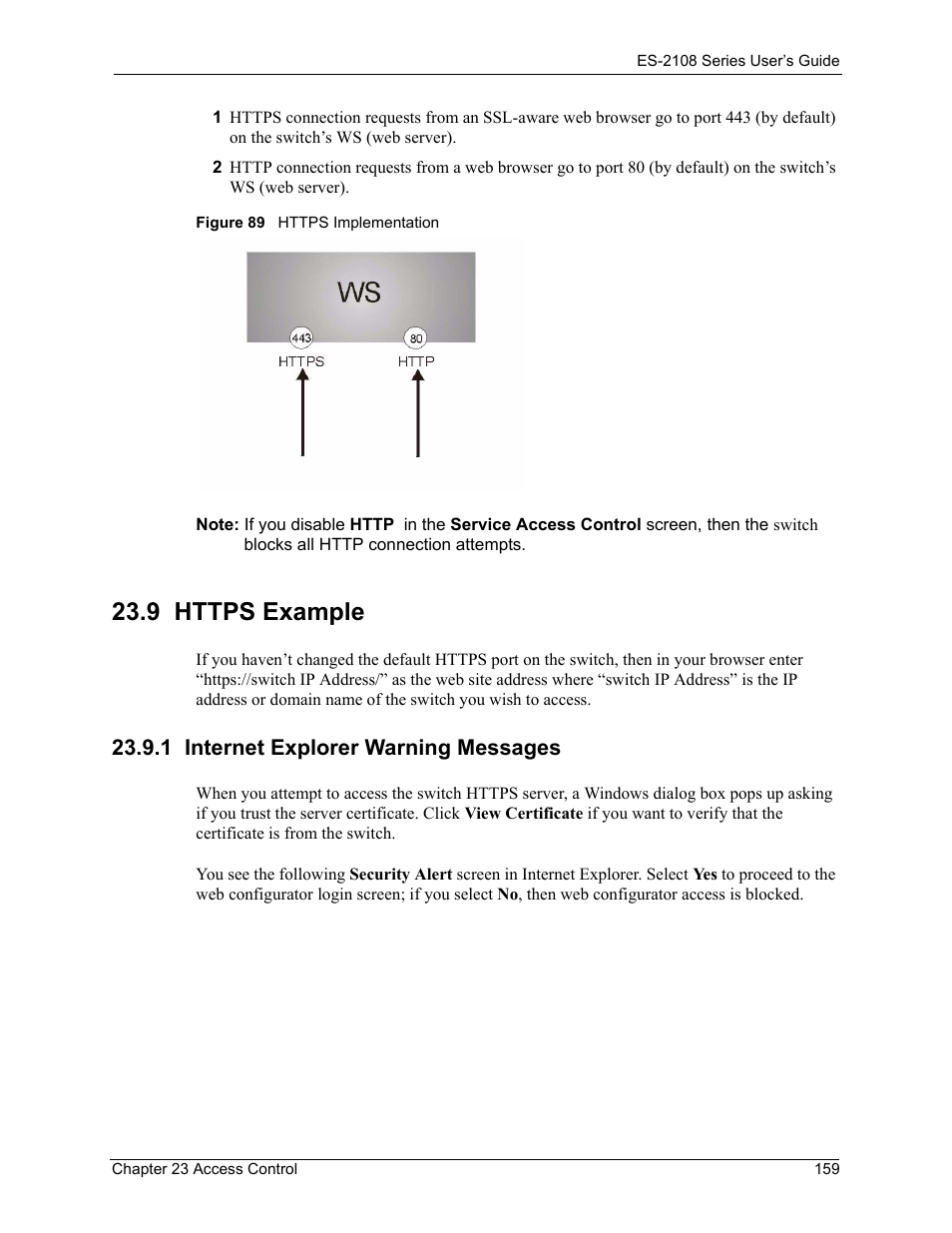 9 https example, 1 internet explorer warning messages, Figure 89 https implementation | ZyXEL Communications ZyXEL Dimension ES-2108 User Manual | Page 159 / 277