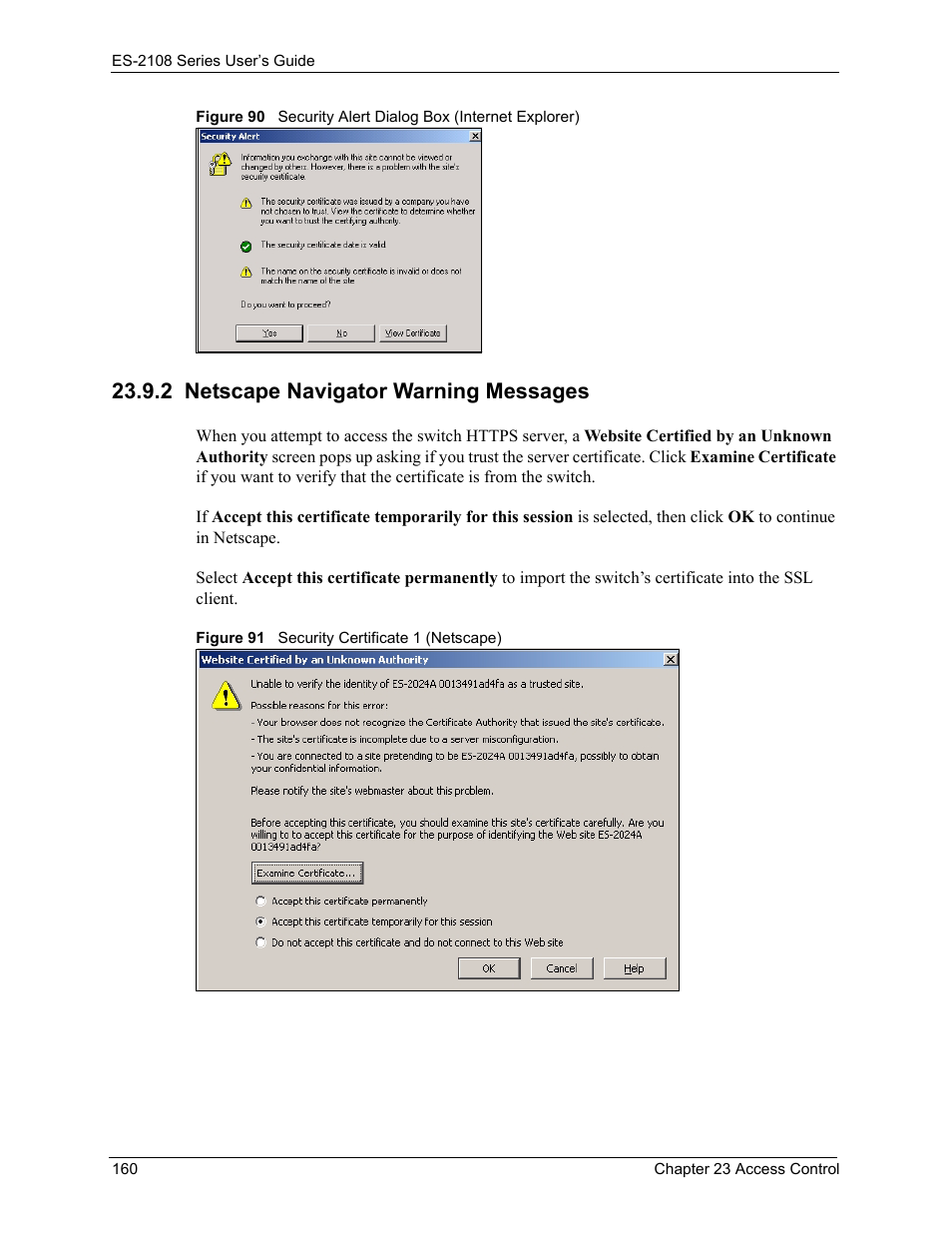 2 netscape navigator warning messages | ZyXEL Communications ZyXEL Dimension ES-2108 User Manual | Page 160 / 277