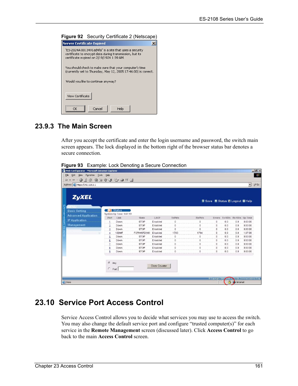 3 the main screen, 10 service port access control | ZyXEL Communications ZyXEL Dimension ES-2108 User Manual | Page 161 / 277