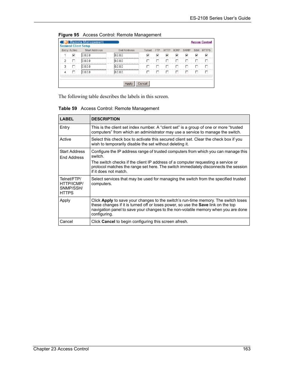 Figure 95 access control: remote management, Table 59 access control: remote management | ZyXEL Communications ZyXEL Dimension ES-2108 User Manual | Page 163 / 277