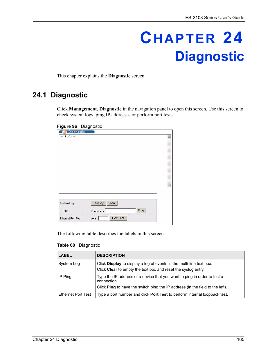 Diagnostic, 1 diagnostic, Chapter 24 diagnostic | Figure 96 diagnostic, Table 60 diagnostic | ZyXEL Communications ZyXEL Dimension ES-2108 User Manual | Page 165 / 277