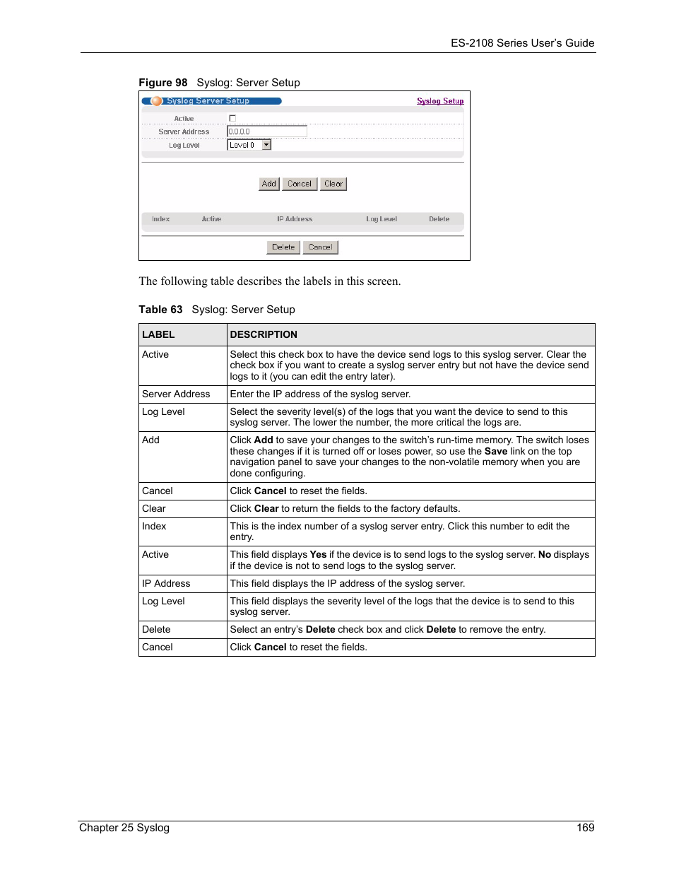 Figure 98 syslog: server setup, Table 63 syslog: server setup | ZyXEL Communications ZyXEL Dimension ES-2108 User Manual | Page 169 / 277