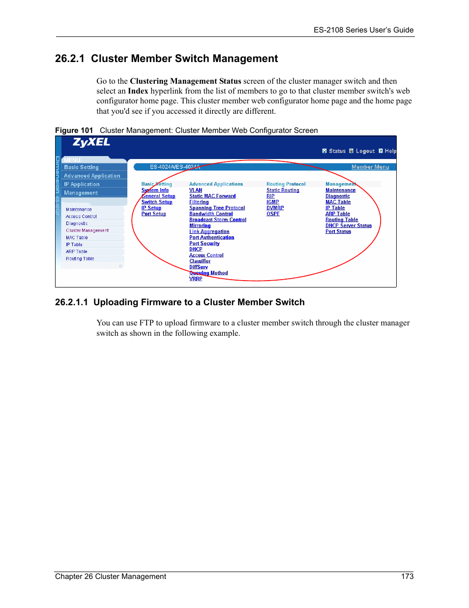 1 cluster member switch management, 1 uploading firmware to a cluster member switch | ZyXEL Communications ZyXEL Dimension ES-2108 User Manual | Page 173 / 277