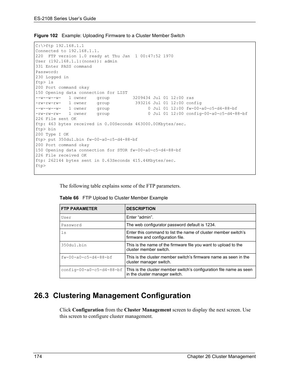 3 clustering management configuration, Table 66 ftp upload to cluster member example | ZyXEL Communications ZyXEL Dimension ES-2108 User Manual | Page 174 / 277