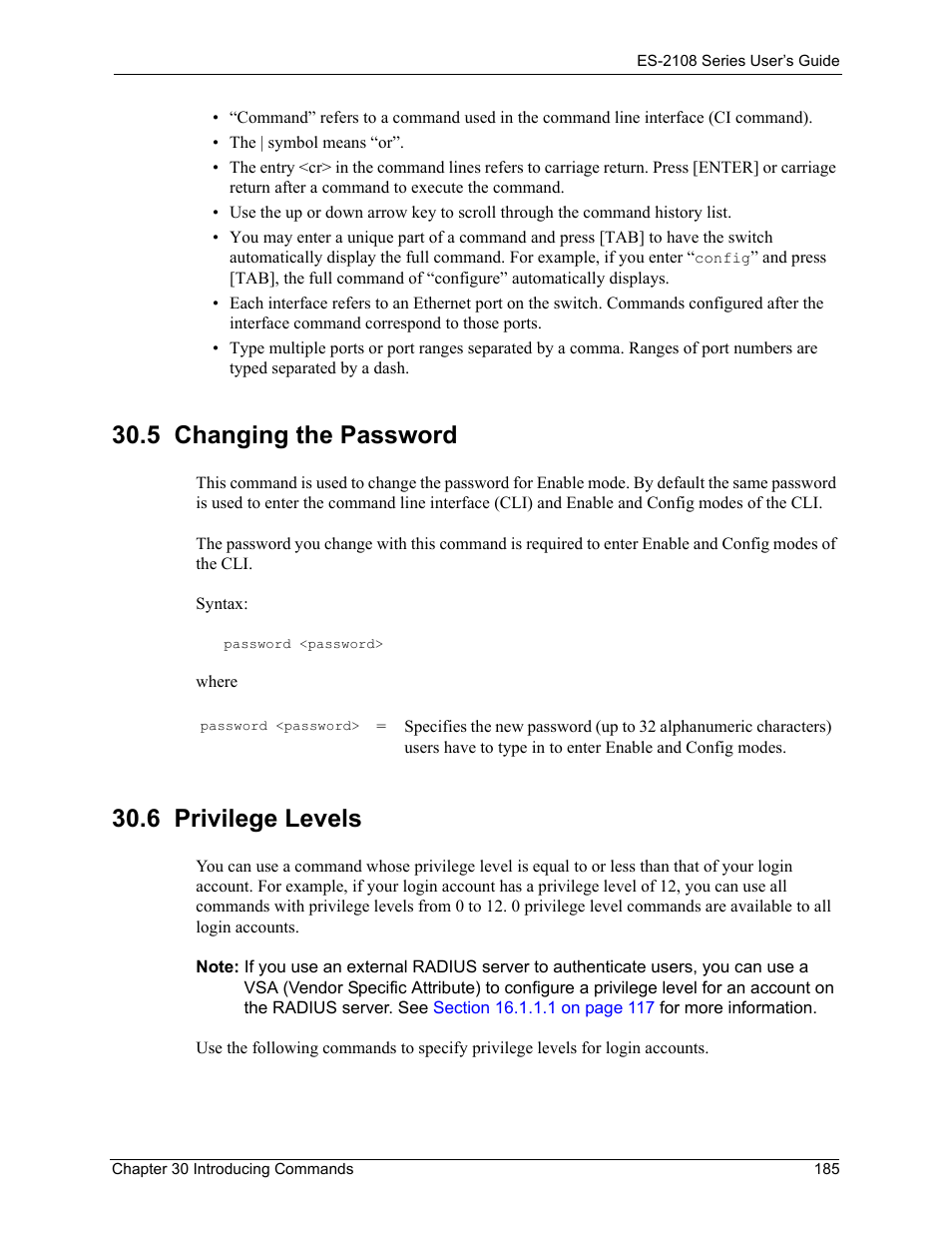 5 changing the password, 6 privilege levels, 5 changing the password 30.6 privilege levels | ZyXEL Communications ZyXEL Dimension ES-2108 User Manual | Page 185 / 277