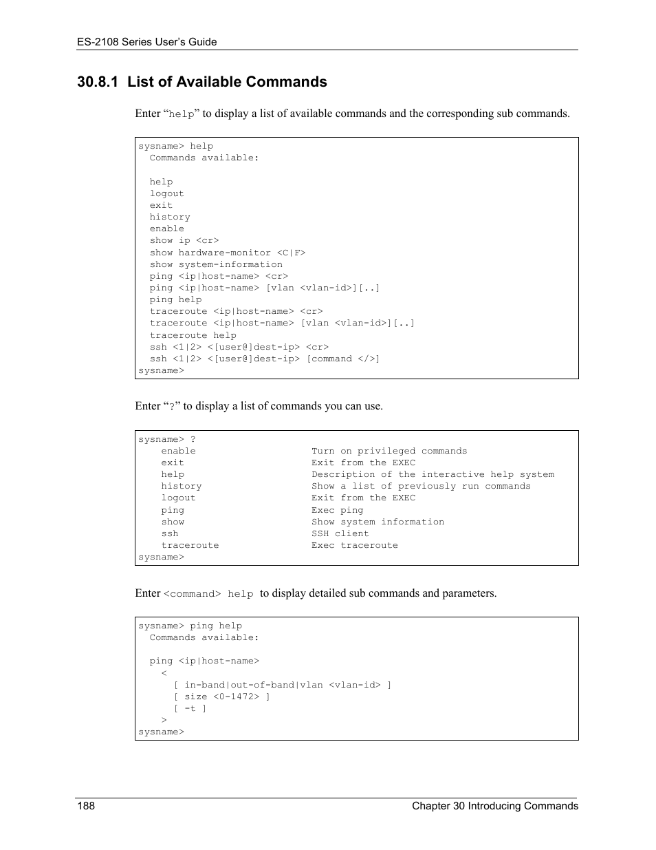 1 list of available commands | ZyXEL Communications ZyXEL Dimension ES-2108 User Manual | Page 188 / 277