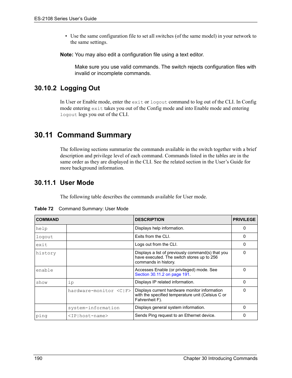 2 logging out, 11 command summary, 1 user mode | Table 72 command summary: user mode | ZyXEL Communications ZyXEL Dimension ES-2108 User Manual | Page 190 / 277