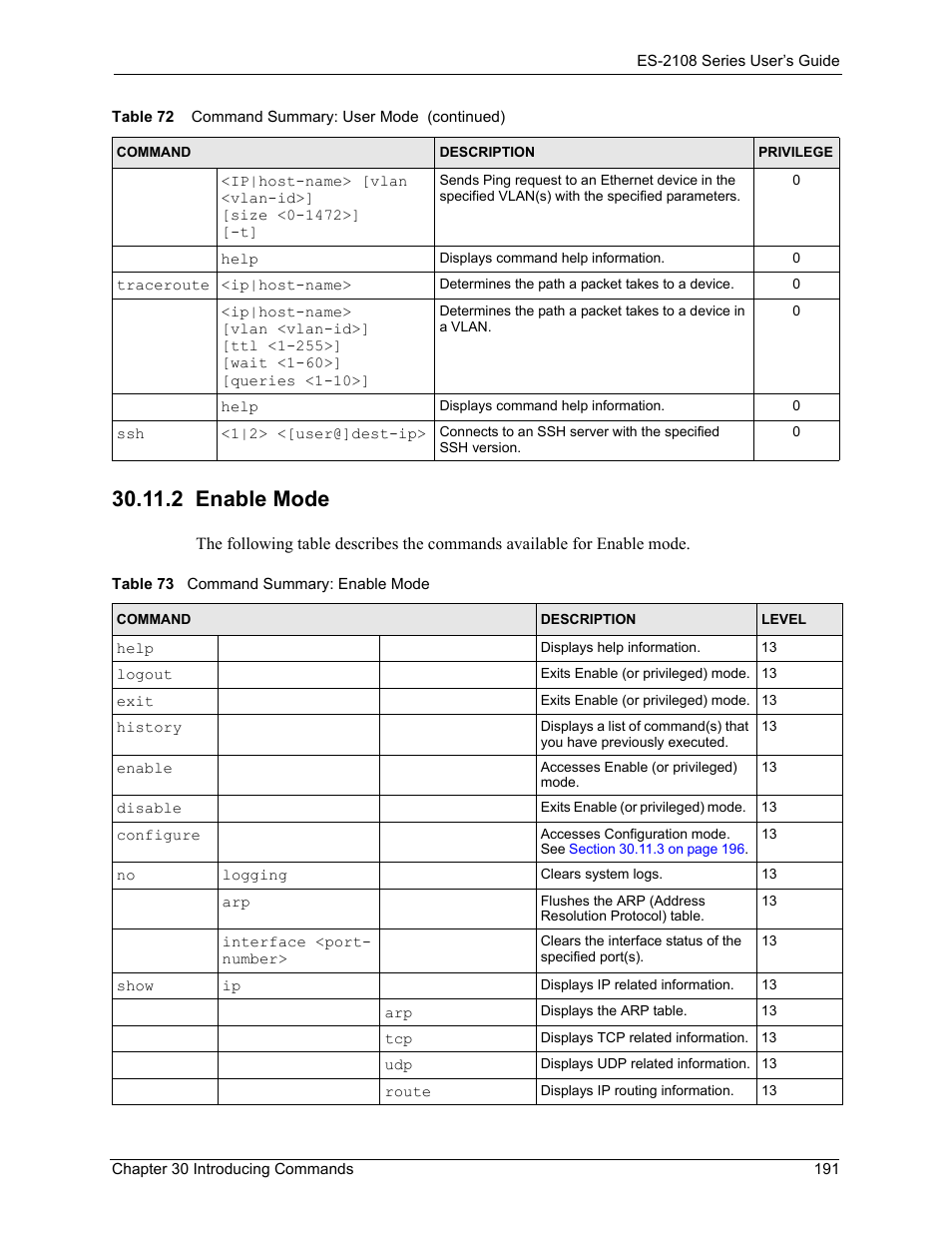 2 enable mode, Table 73 command summary: enable mode | ZyXEL Communications ZyXEL Dimension ES-2108 User Manual | Page 191 / 277