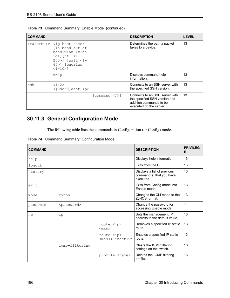 3 general configuration mode, Table 74 command summary: configuration mode | ZyXEL Communications ZyXEL Dimension ES-2108 User Manual | Page 196 / 277