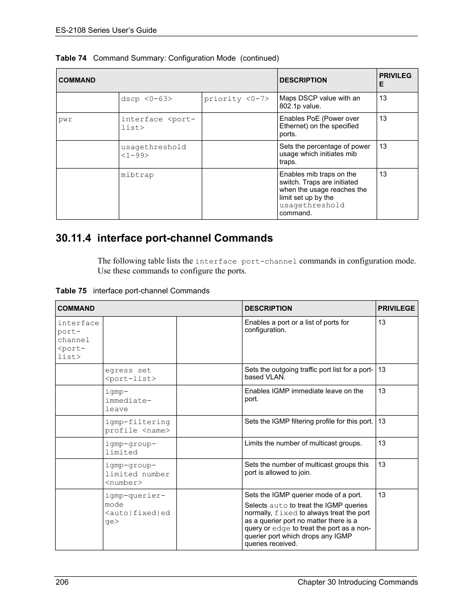 4 interface port-channel commands, Table 75 interface port-channel commands | ZyXEL Communications ZyXEL Dimension ES-2108 User Manual | Page 206 / 277