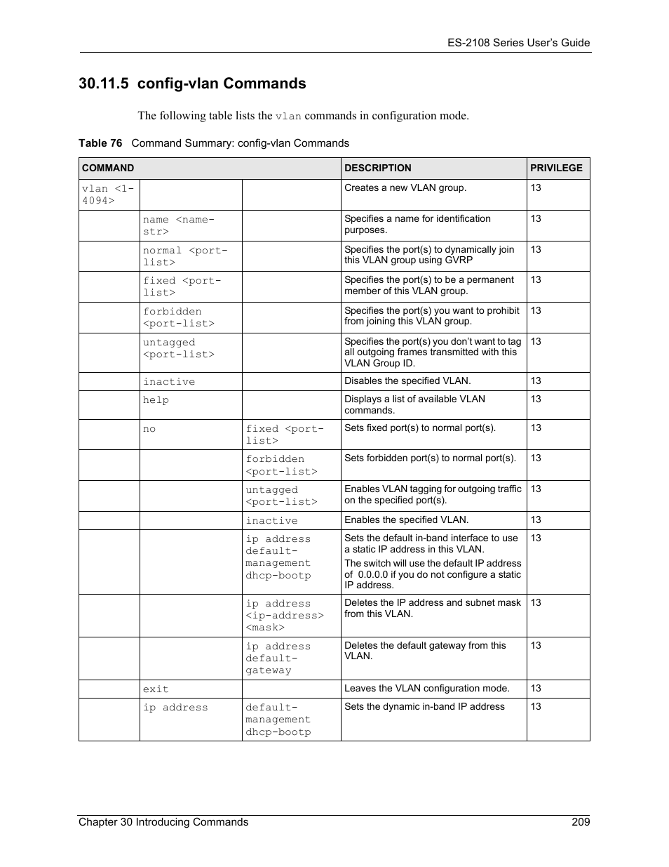 5 config-vlan commands, Table 76 command summary: config-vlan commands | ZyXEL Communications ZyXEL Dimension ES-2108 User Manual | Page 209 / 277