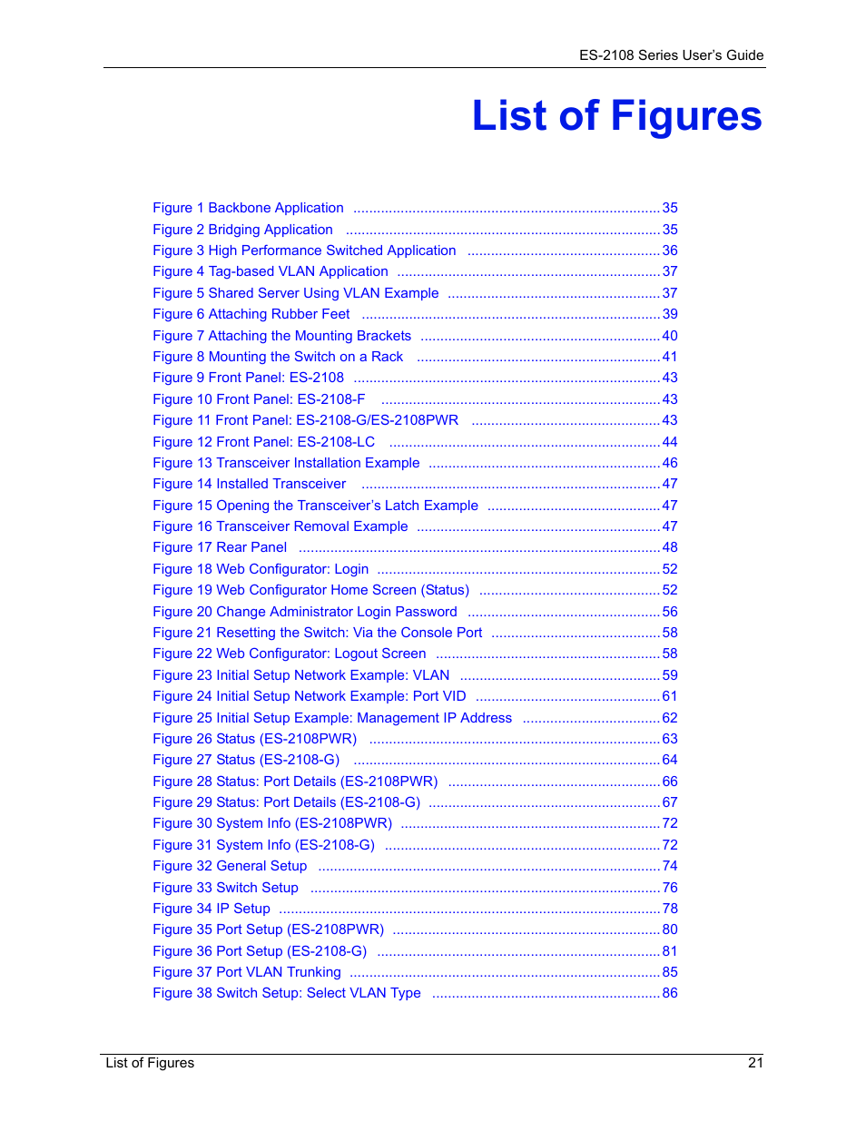 List of figures | ZyXEL Communications ZyXEL Dimension ES-2108 User Manual | Page 21 / 277