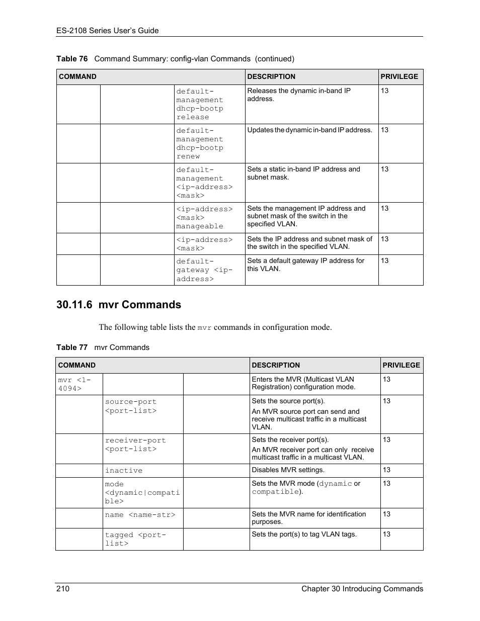 6 mvr commands, Table 77 mvr commands | ZyXEL Communications ZyXEL Dimension ES-2108 User Manual | Page 210 / 277