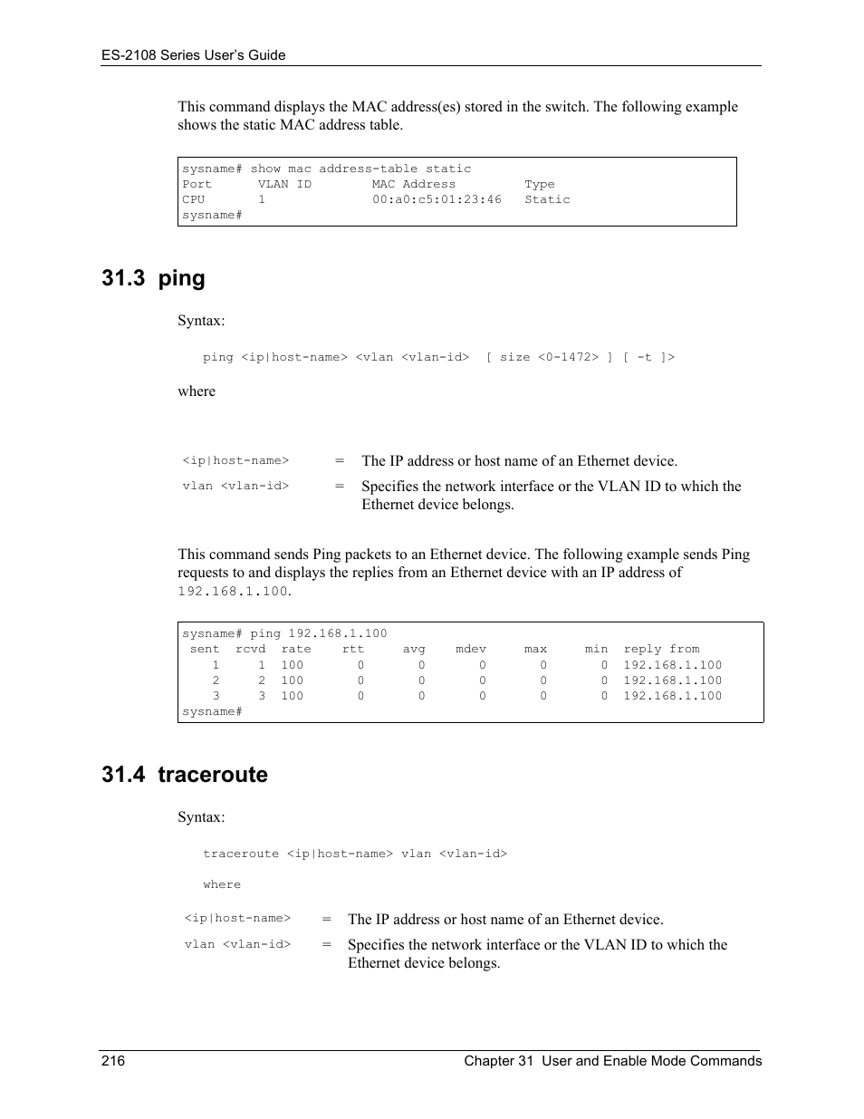 3 ping, 4 traceroute, 3 ping 31.4 traceroute | ZyXEL Communications ZyXEL Dimension ES-2108 User Manual | Page 216 / 277